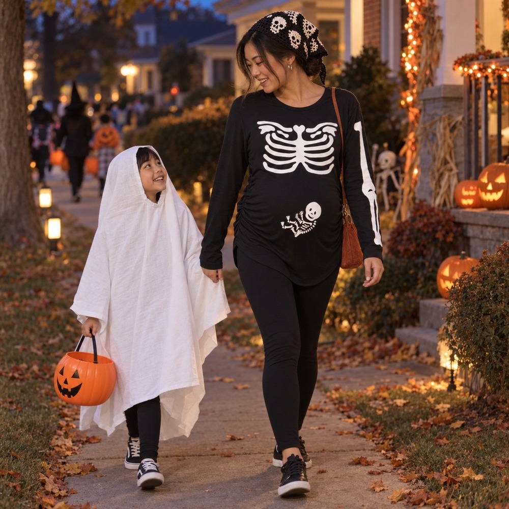 Motherhood Maternity Black Skeleton Baby Graphic Ruched Long Sleeve Shirt Medium